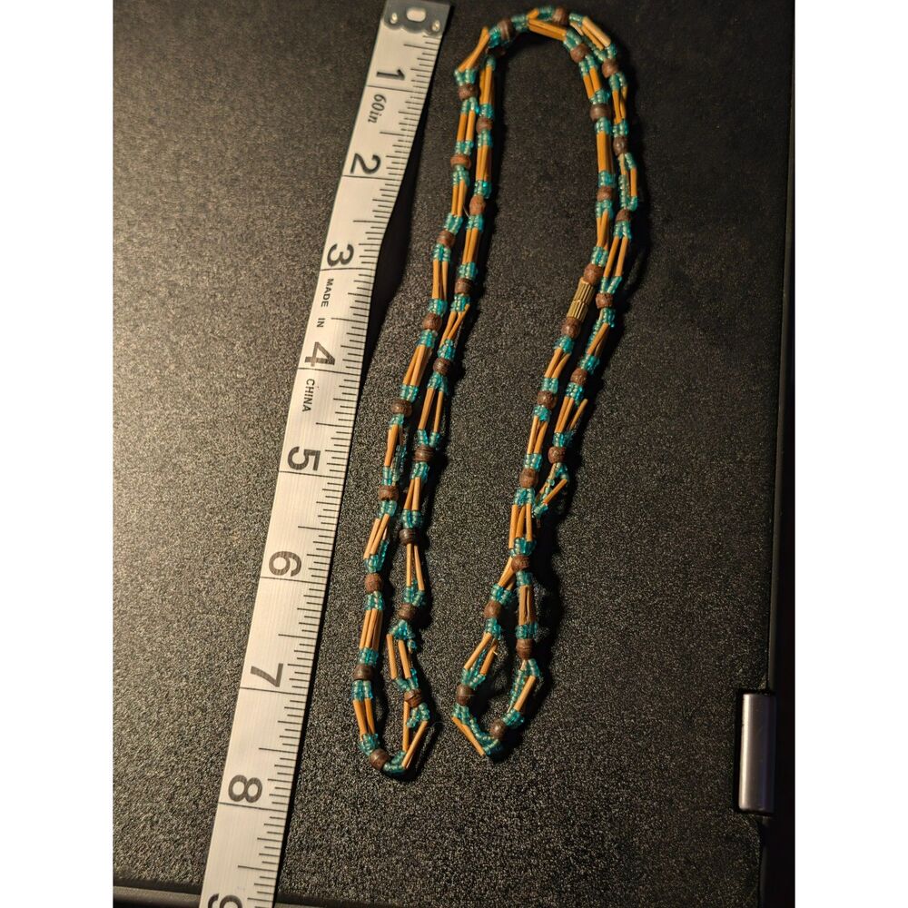 Vintage Boho Turquoise Seed Bead Natural Reed Wood Tube Strand Choker Necklace